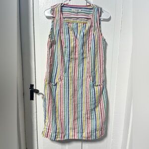 Boden Rainbow striped 100% Linen shift tank dress with front pockets size 8